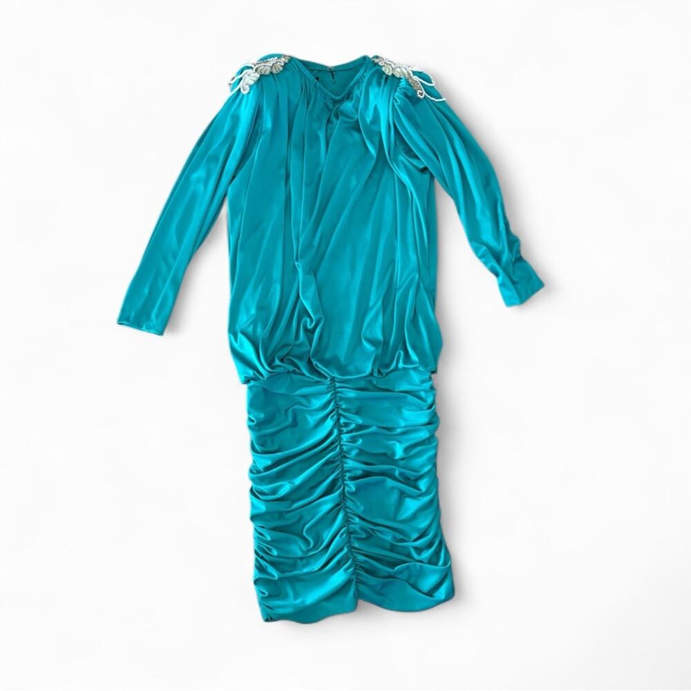Vintage Jovani Teal Ruched Beaded Shoulder Evening Gown Dress Size 8 USA Made